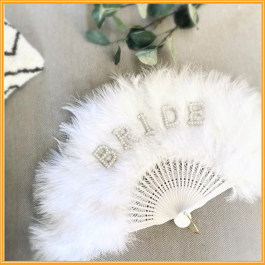 Pearl English Letter White Thick Feather Fan Performance Bride Party Props