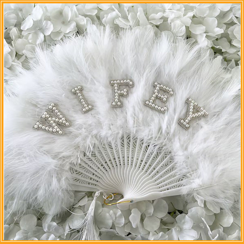 Pearl English Letter White Thick Feather Fan Performance Bride Party Props