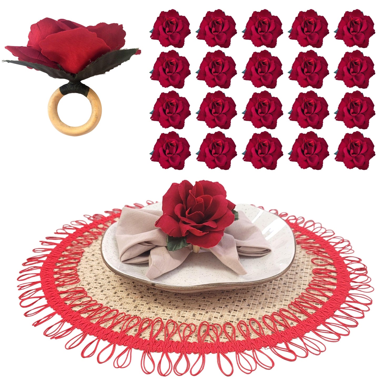 Maison Charlo Wholesale Set of 20 Wholesale Red Colombiana Rose Flower Rosebud Napkin Rings Ecofriendly Pack-0