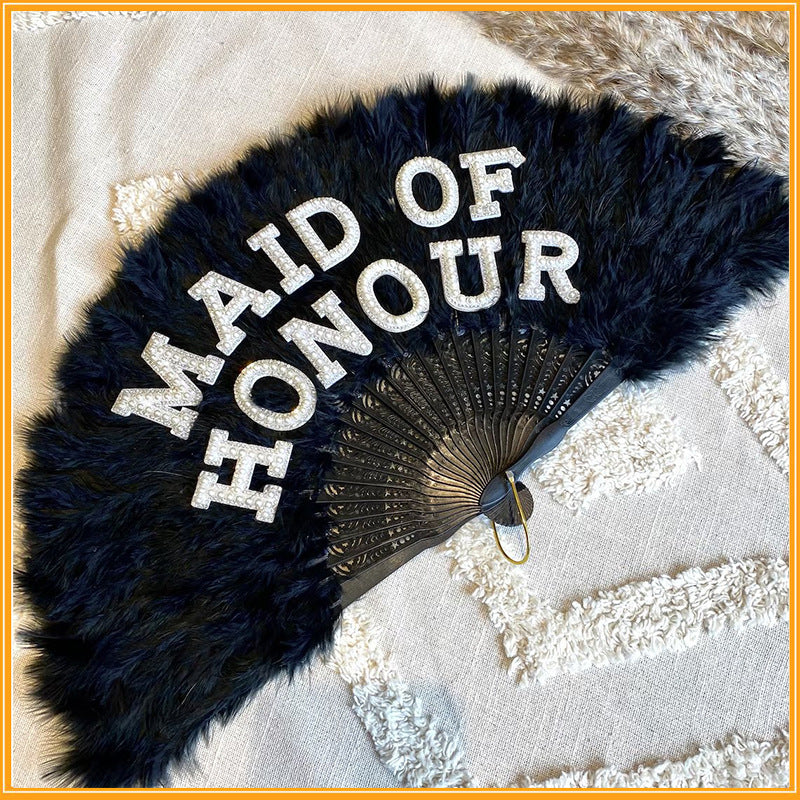 Pearl English Letter White Thick Feather Fan Performance Bride Party Props