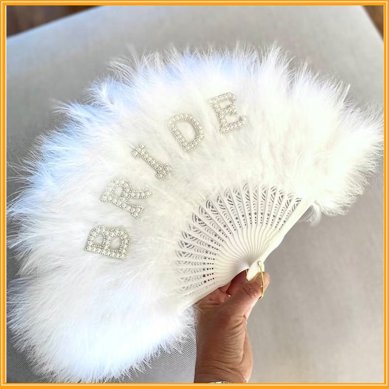 Pearl English Letter White Thick Feather Fan Performance Bride Party Props