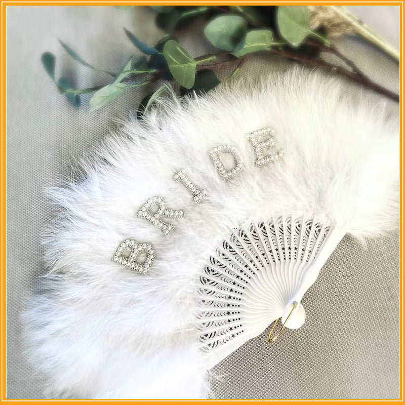 Pearl English Letter White Thick Feather Fan Performance Bride Party Props