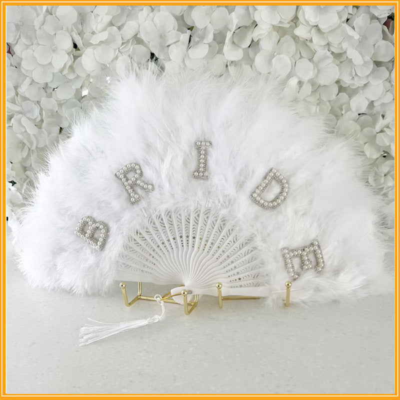 Pearl English Letter White Thick Feather Fan Performance Bride Party Props