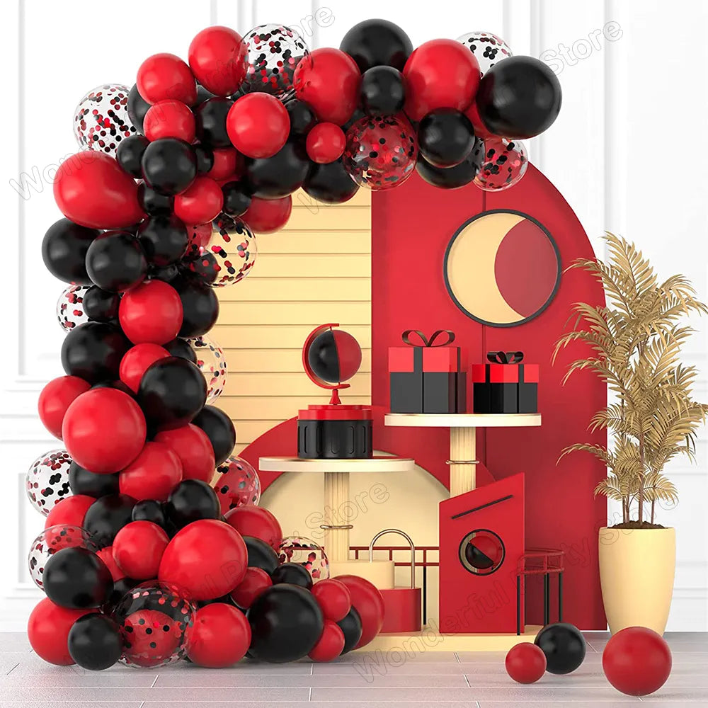 Vibrant Red and Black Balloon Garland Arch Kit with Confetti Balloons - Color: No. 6-3